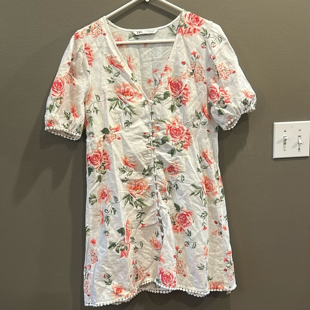 ZARA linen floral rose print button front dress medium.